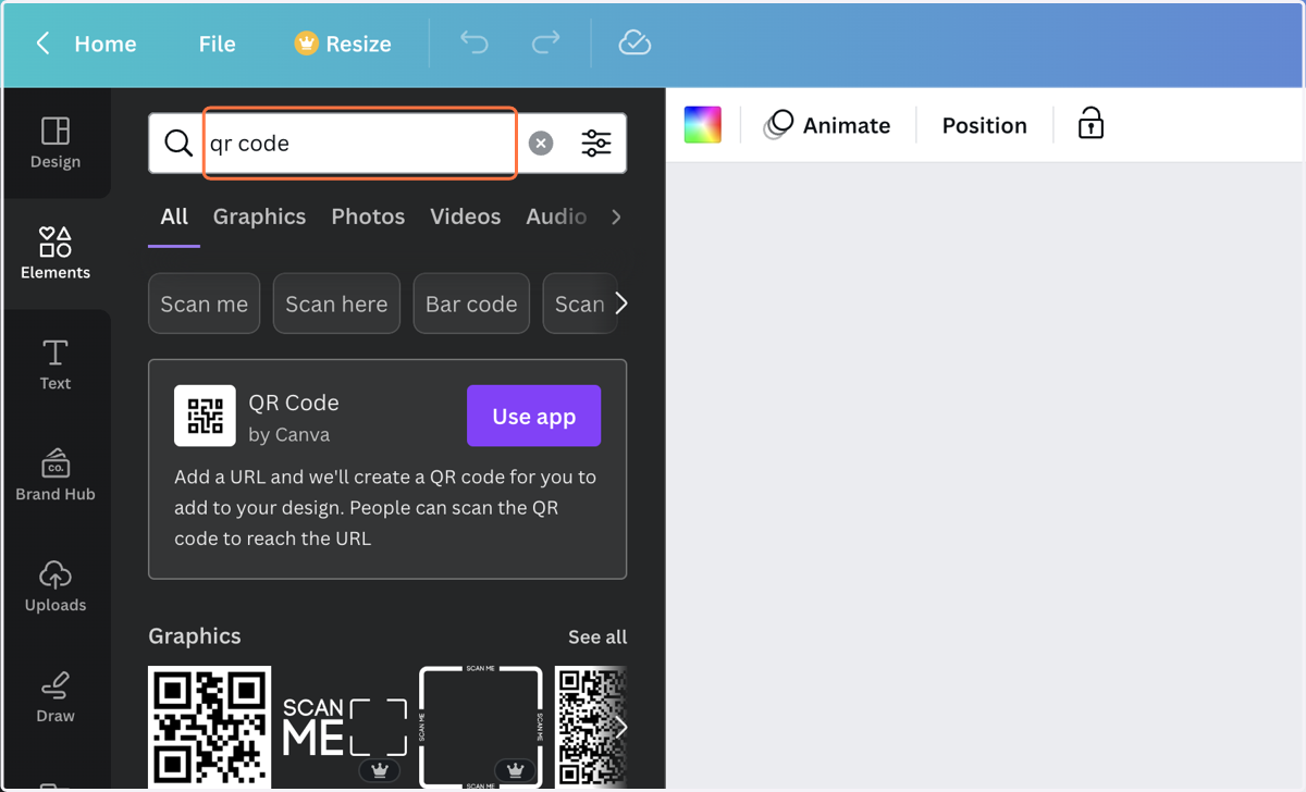 Click on Elements and Search for QR Code