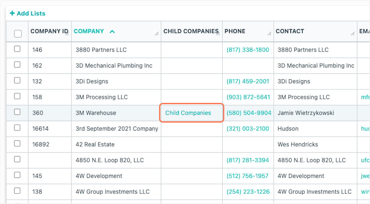On the Companies page you will notice a column for "Child Companies." When a Child company has been connected to a Parent company, you will see this link here.