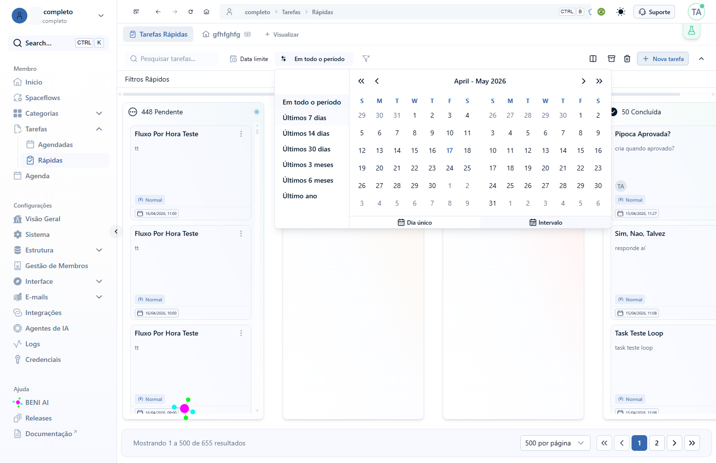 Ao definir um filtro de tempo, as datas são aplicadas automaticamente. No nosso exemplo, selecionaremos um período predefinido
