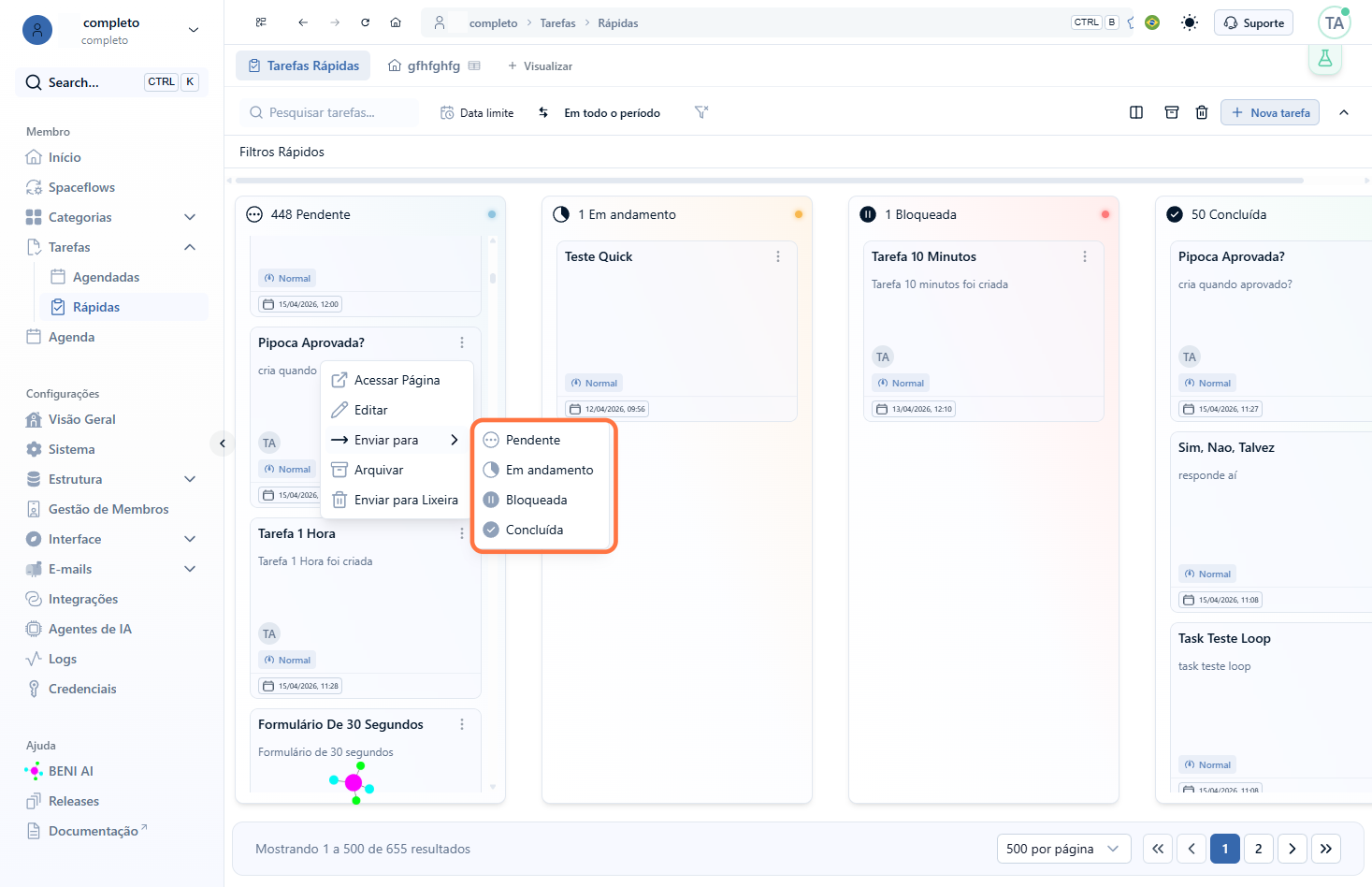 Enviar para: muda o card de raia no kanban, alterando o status da tarefa