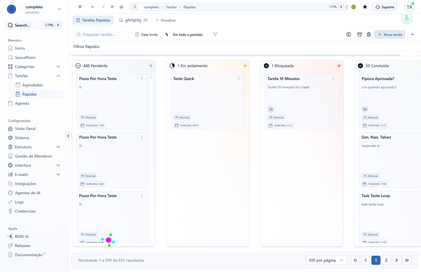 O botão Nova tarefa permite que você adicione rapidamente uma nova tarefa ao kanban, sem conexão com nenhum fluxo