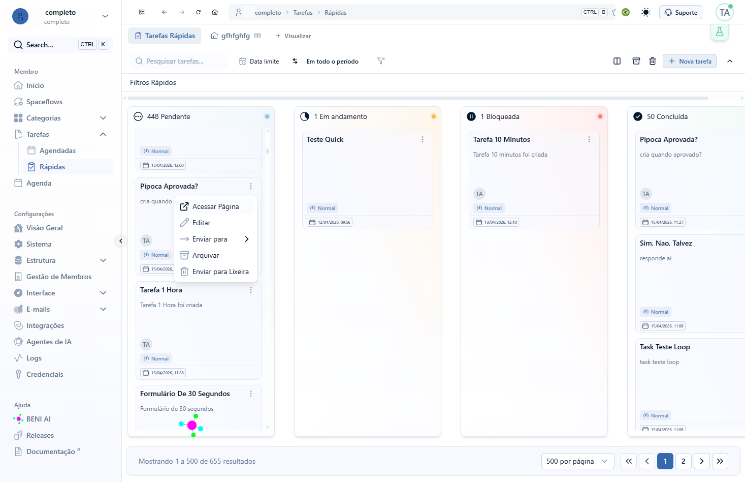 Arquivar: remove a tarefa da visualização do kanban e arquiva