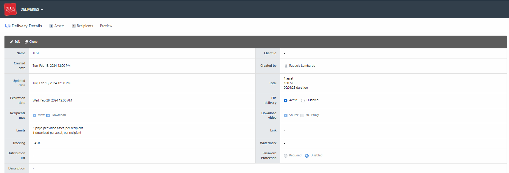 Click the “Clone” button on top of the “Delivery Details” table
