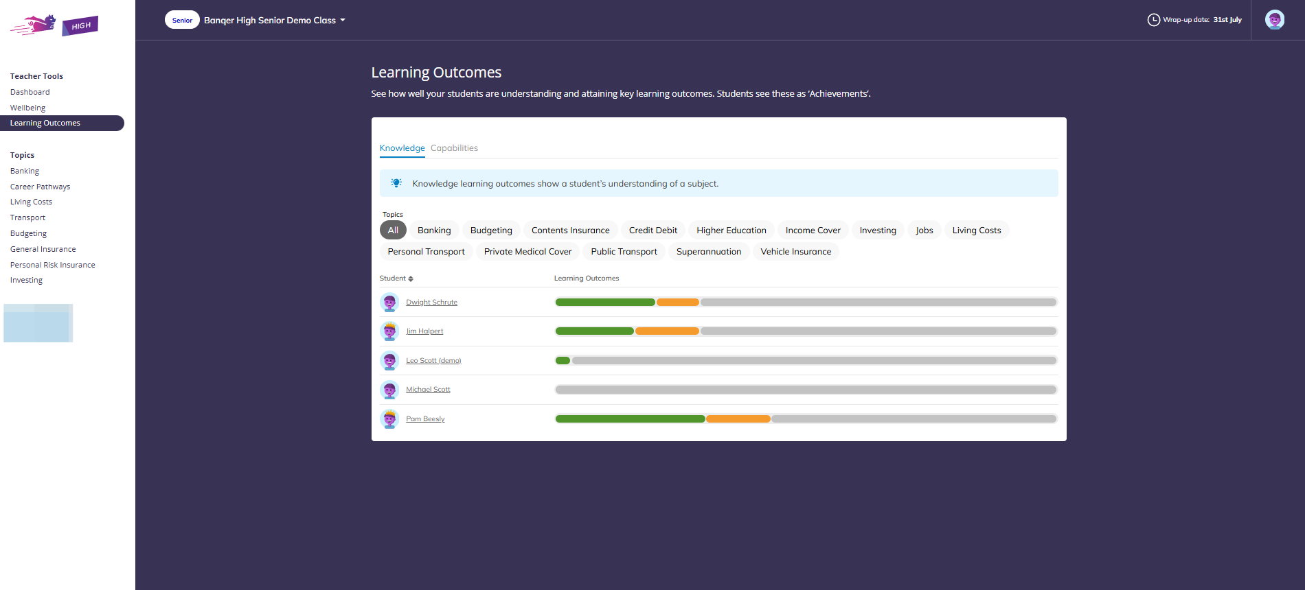 The progress view gives you a snapshot of how many Outcomes each student has earned to date.