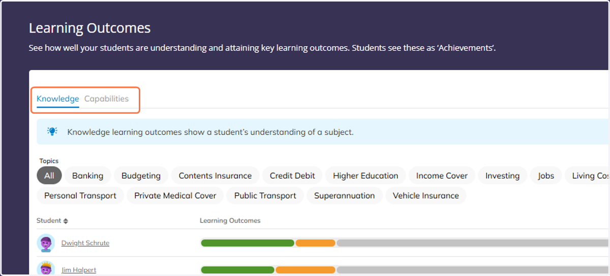 Choose between the Knowledge or Capability Learning Outcomes.