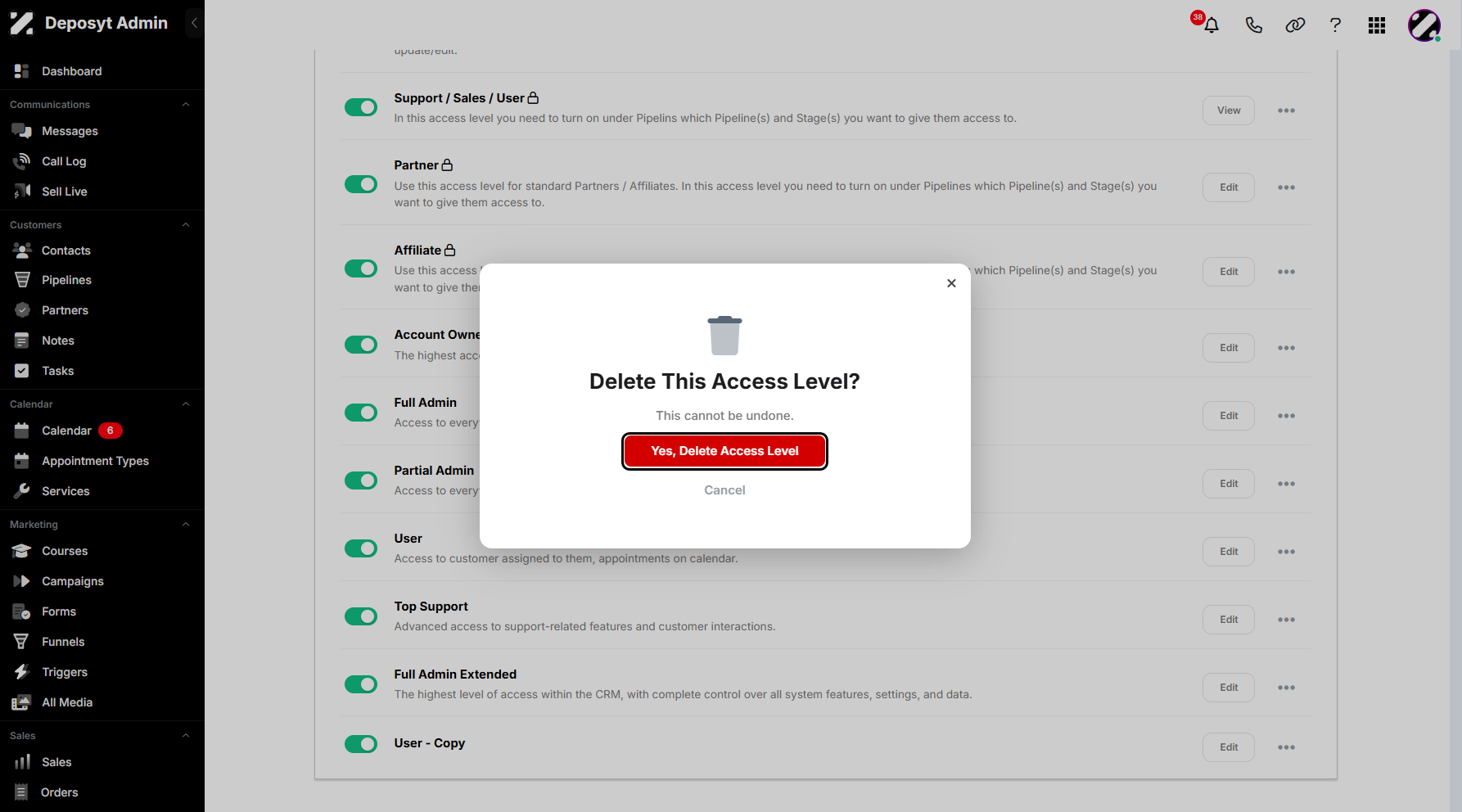 Step 9: Click on Yes, Delete Access Level to proceed.