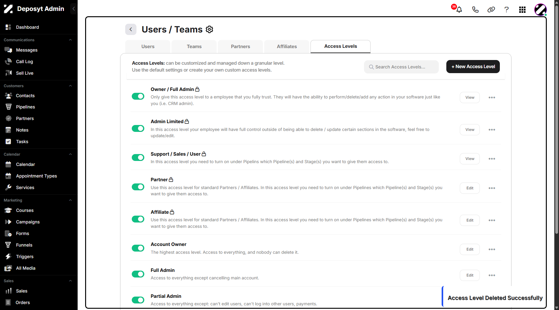 Step 10: A pop-up notification will appear confirming that the selected access level has been deleted successfully.