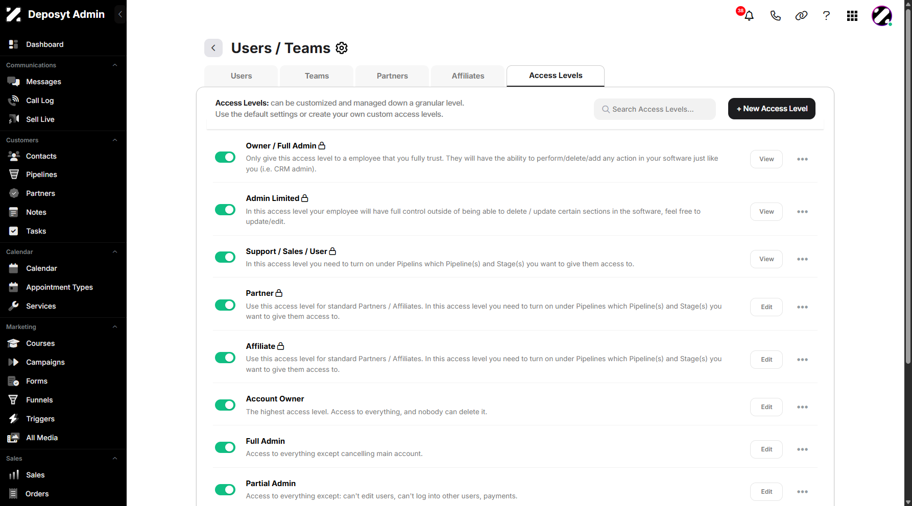 Step 5: You will be taken to the Users/Teams Access Levels tab.