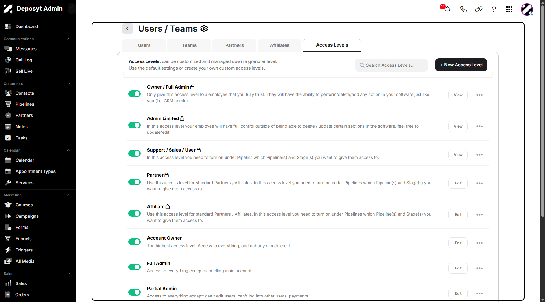 Step 5: You will be taken to the Users/Teams Access Levels tab.