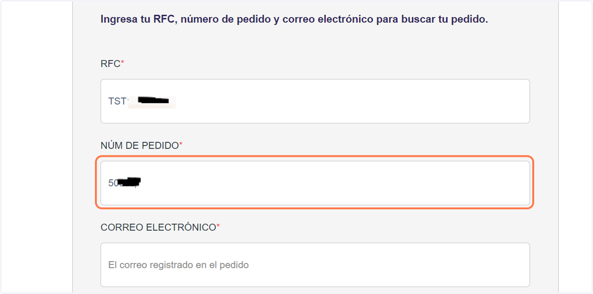 Introduzca su RFC y su número de pedido