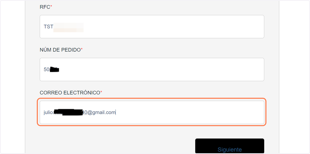 Escriba su correo electrónico tal como está registrado en su Orden de Venta. Al terminar de click en Siguiente.