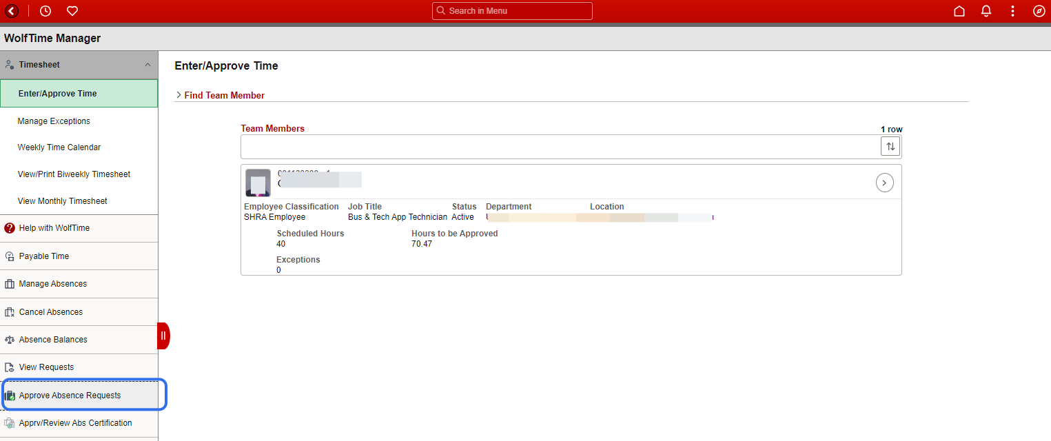 From the WolfTime Manager page, click on the Approve Absence Requests option to view absence requests