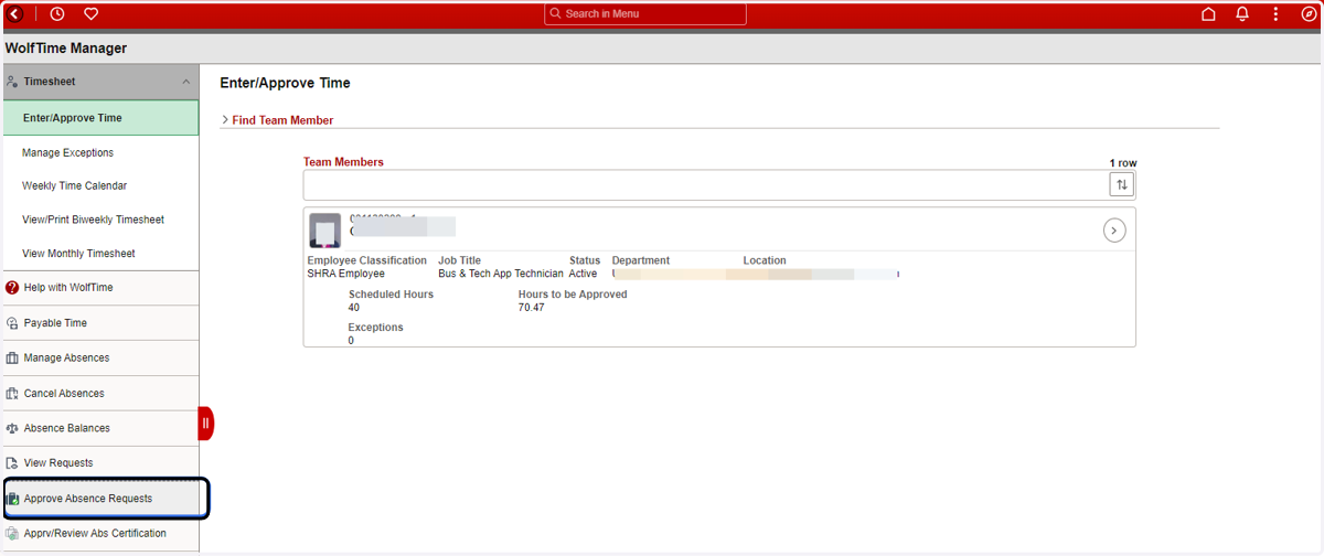 From the WolfTime Manager page, click on the Approve Absence Requests option to view absence requests