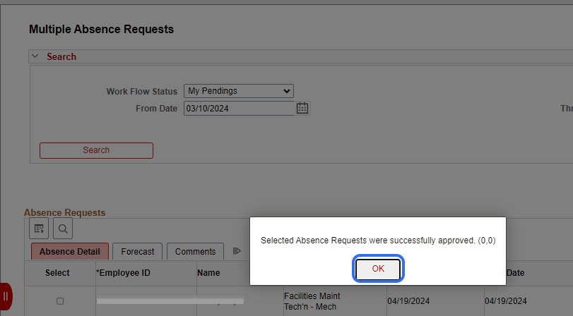 On the approval confirmation pop-up box, click on OK