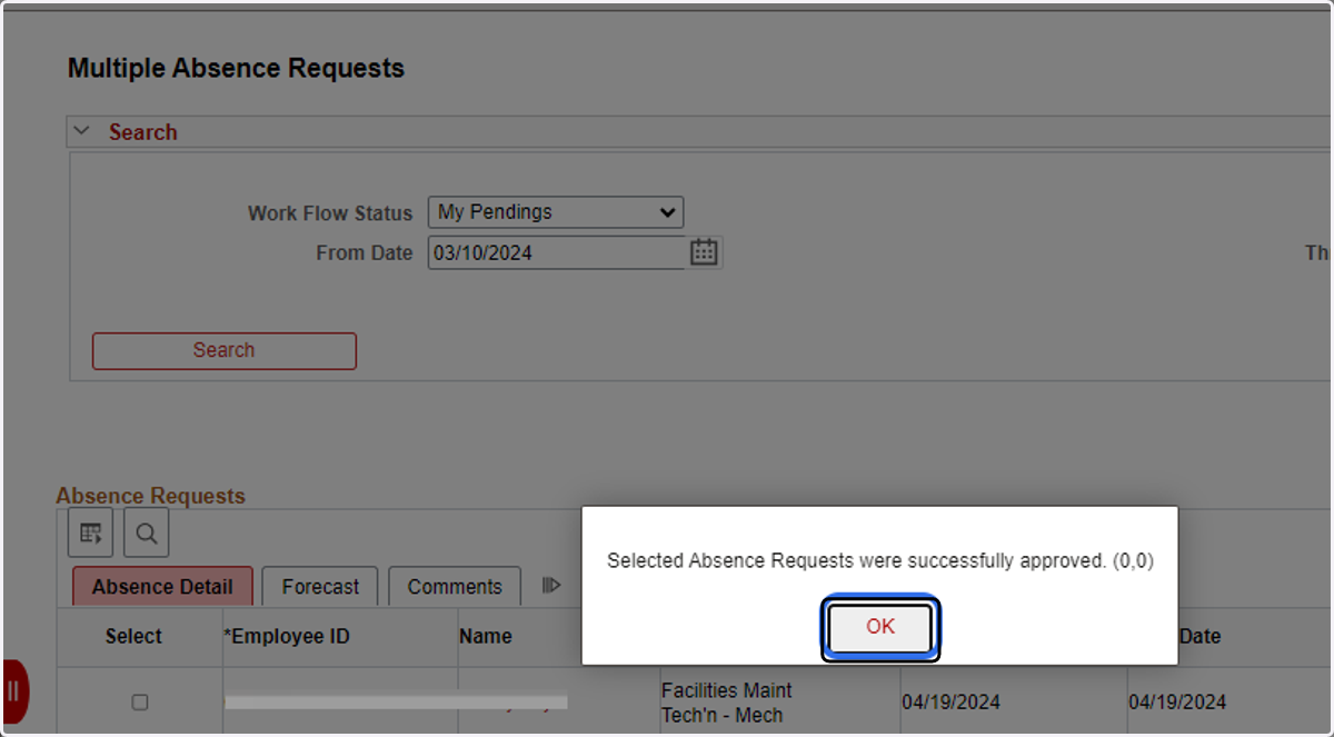 On the approval confirmation pop-up box, click on OK