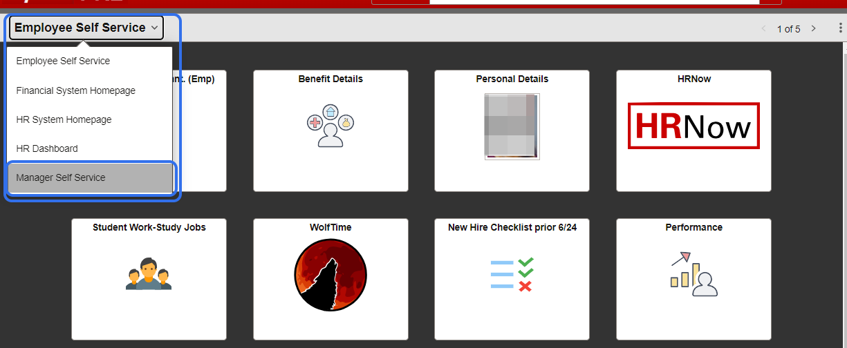 Select the Manager Self Service homepage from the dropdown list