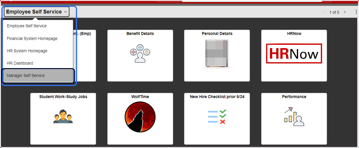 Select the Manager Self Service homepage from the dropdown list