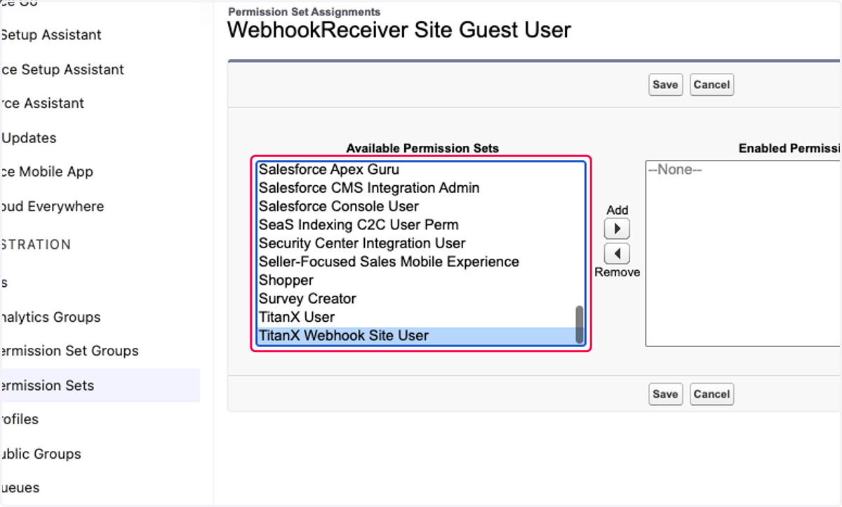 Select TitanX Webhook Site User from Available Permission Sets