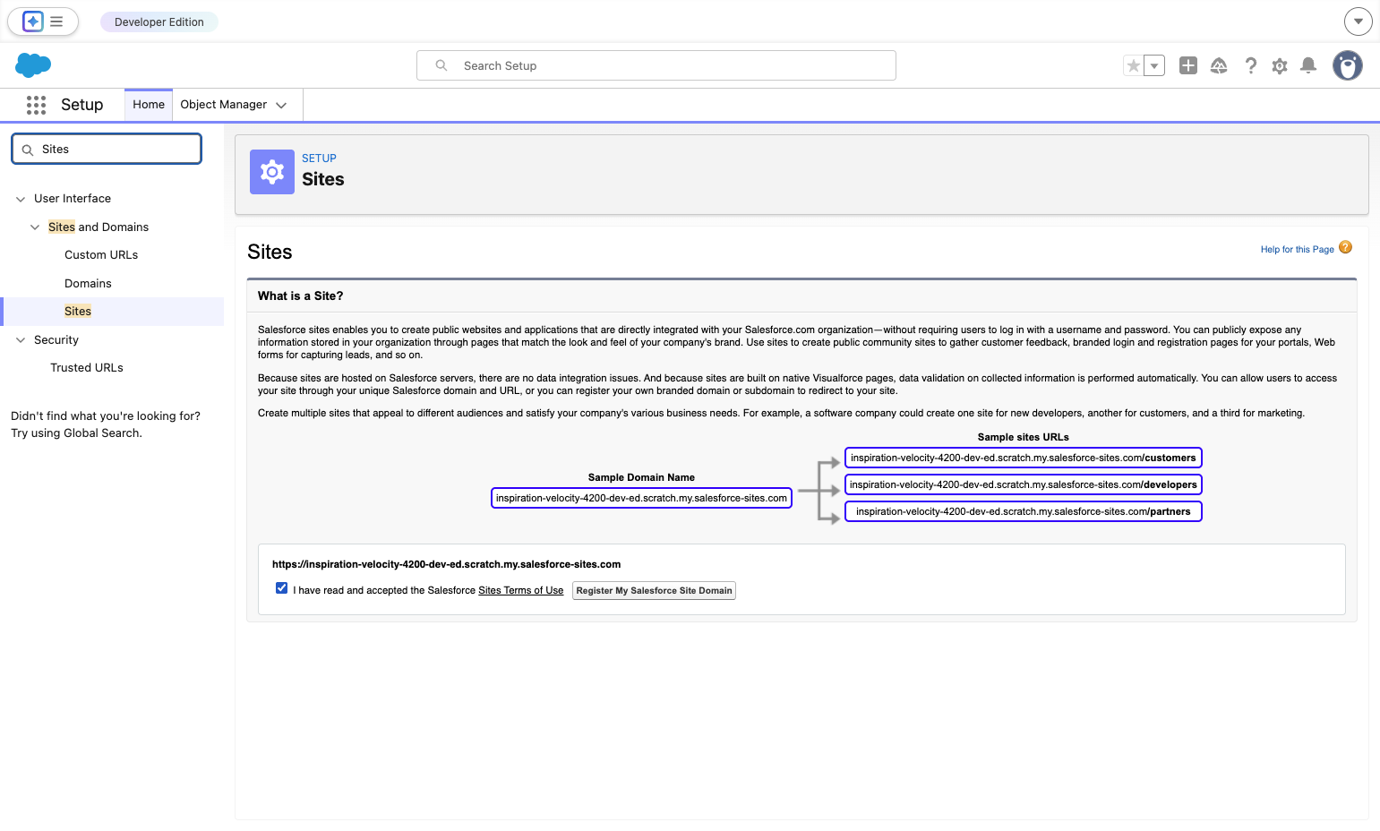 Check I have read and accepted the Salesforce Sites Terms of Use