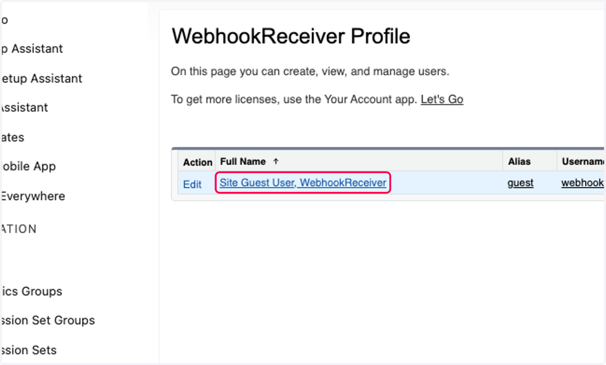 Click on Site Guest User, WebhookReceiver