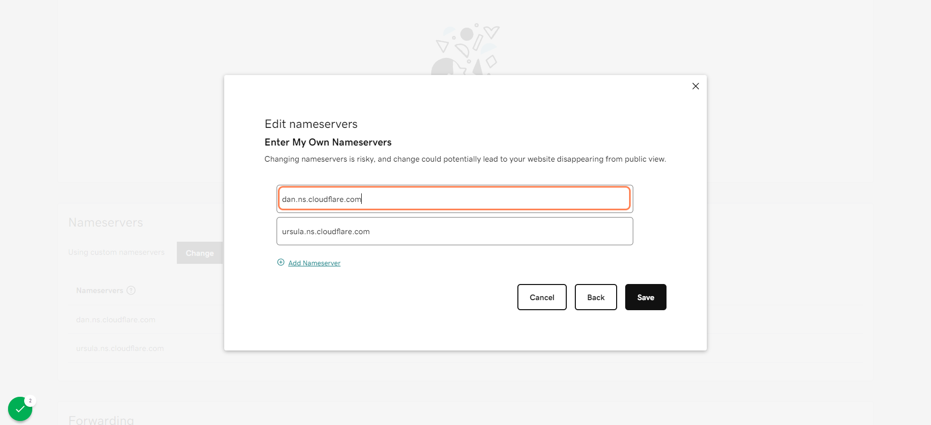 Enter Nameserver 1 (copied from Cloudflare)