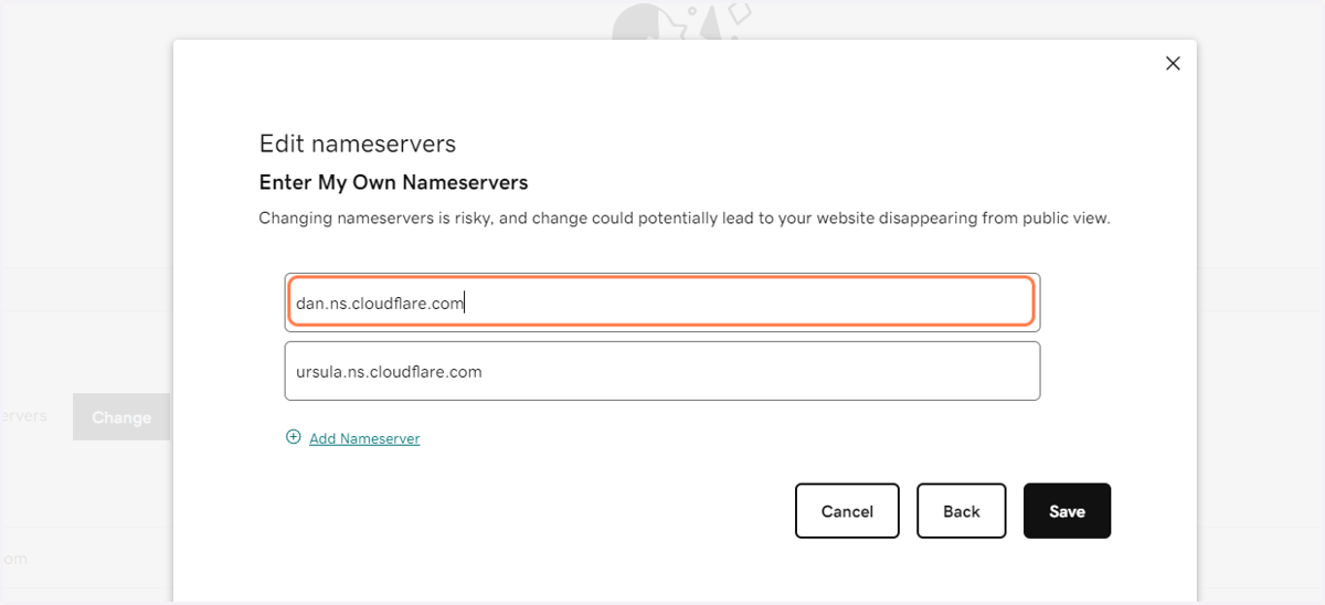 Enter Nameserver 1 (copied from Cloudflare)