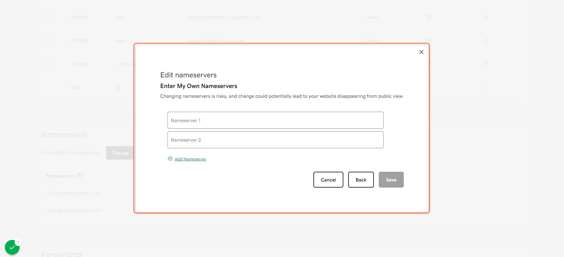Click on Enter My Own Nameservers (advanced) to create this pop-up