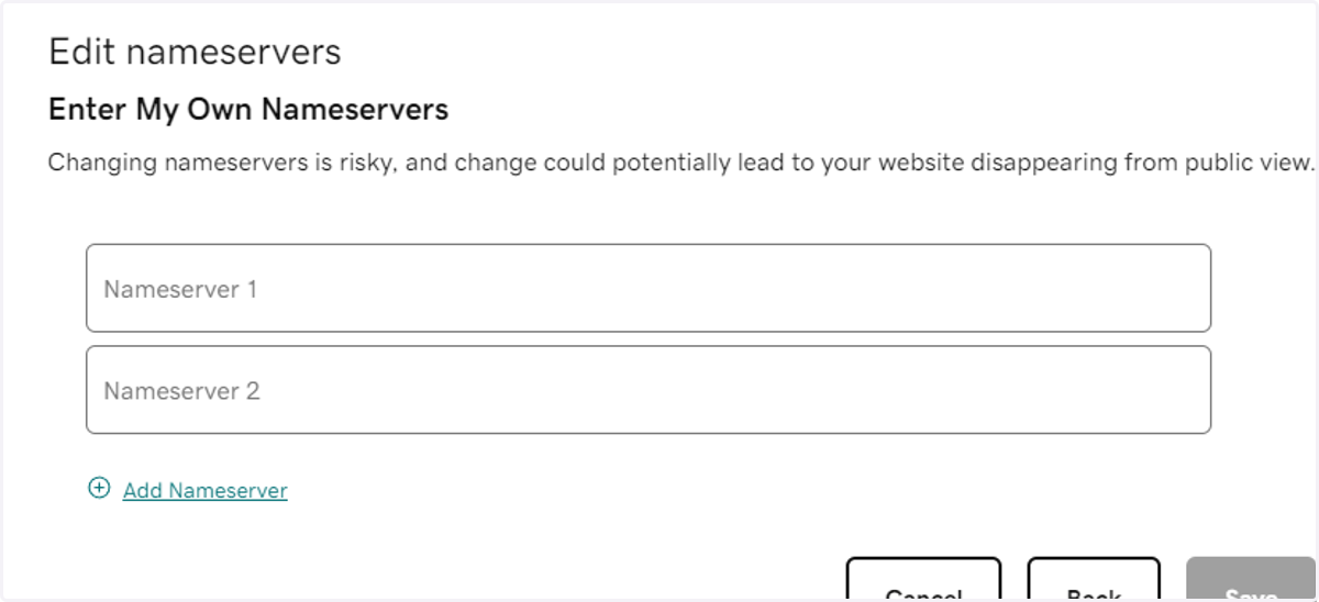 Click on Enter My Own Nameservers (advanced) to create this pop-up