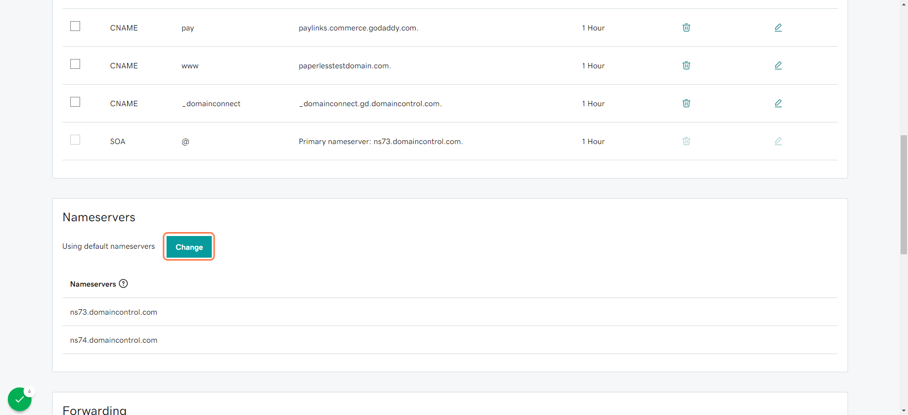 Scroll down below the DNS records and click on Change (Nameservers)