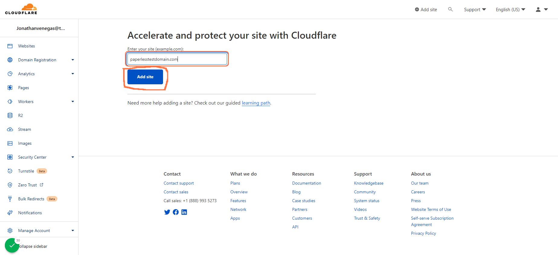 Enter your site - Example: "paperlesstestdomain.com" and then click the Blue Add site Button