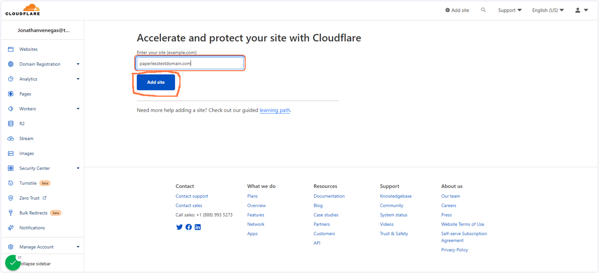 Enter your site - Example: "paperlesstestdomain.com" and then click the Blue Add site Button