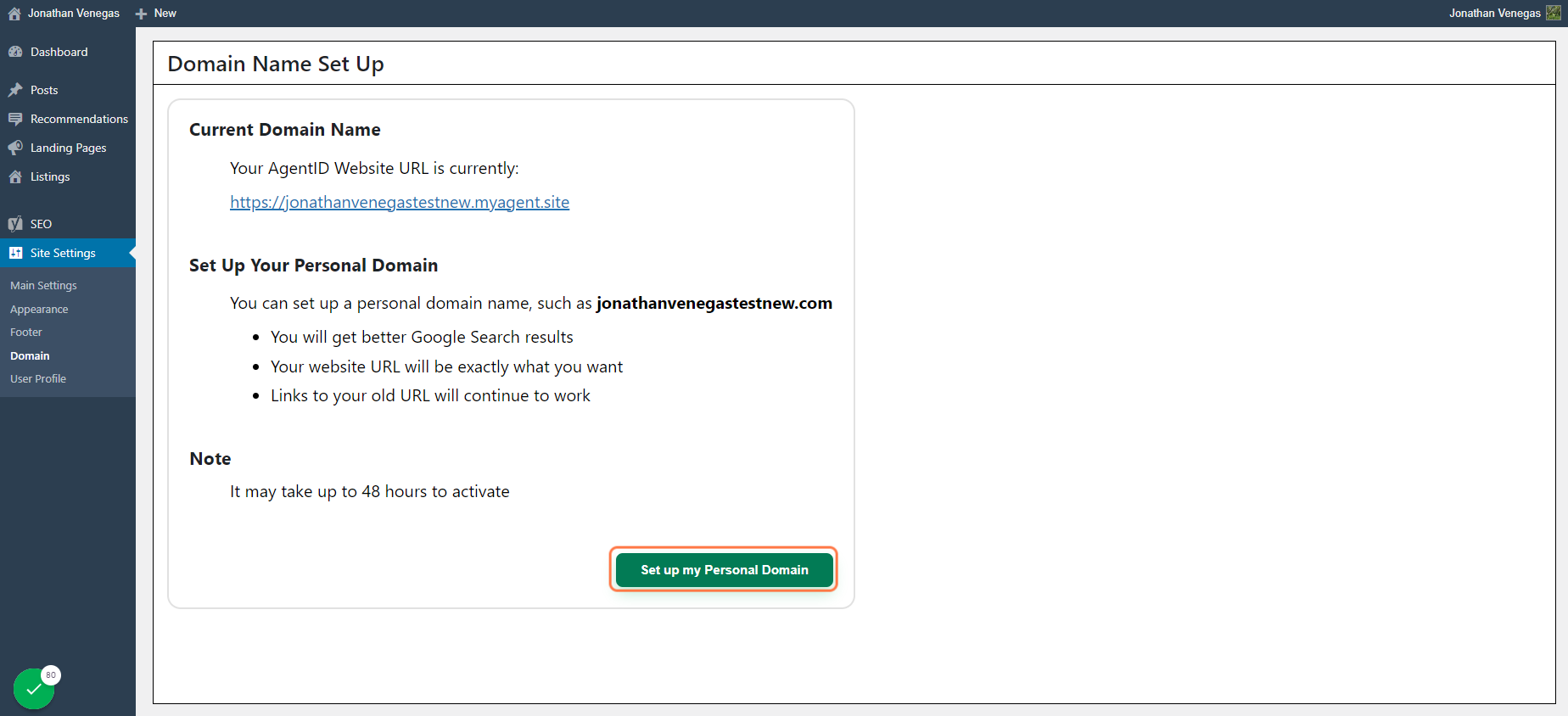 Click on Set up my Personal Domain again