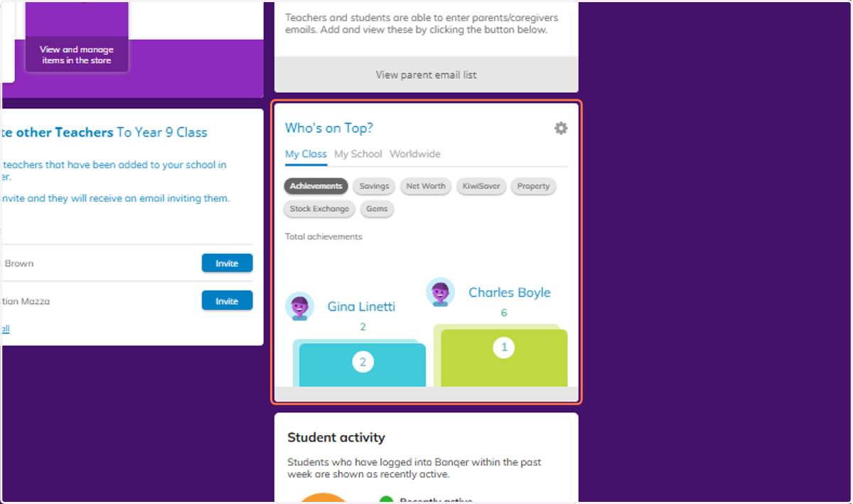 Your Leaderboard view is housed on your Dashboard, giving you a Class, School or Worldwide view.
