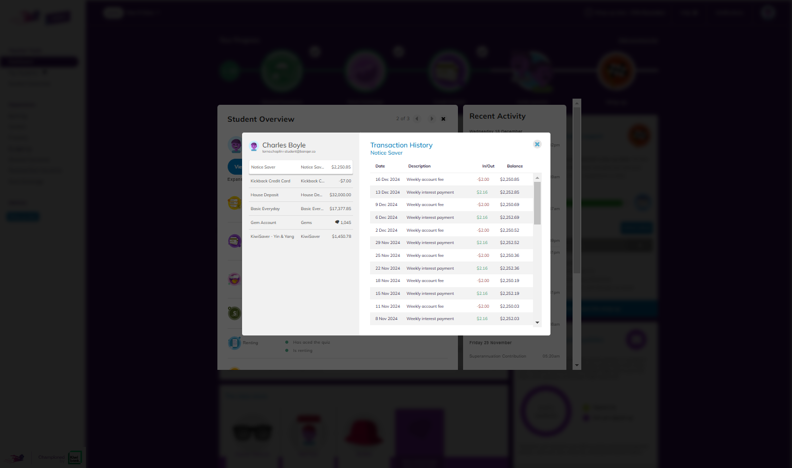 From here you can see a full view of all accounts the student has, and a breakdown of the transactions for each account.