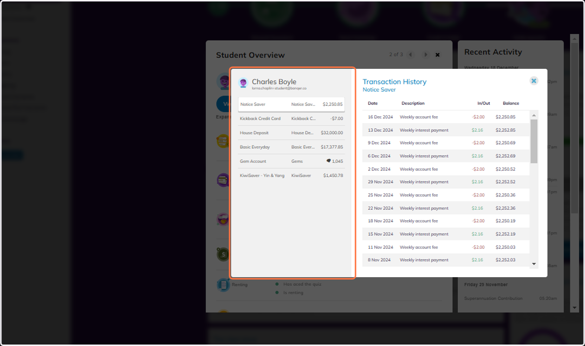 From here you can see a full view of all accounts the student has, and a breakdown of the transactions for each account.