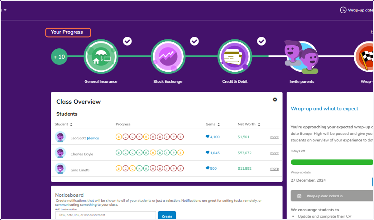 You can view your progress through the platform with your Progress Bar at the top of your dashboard.