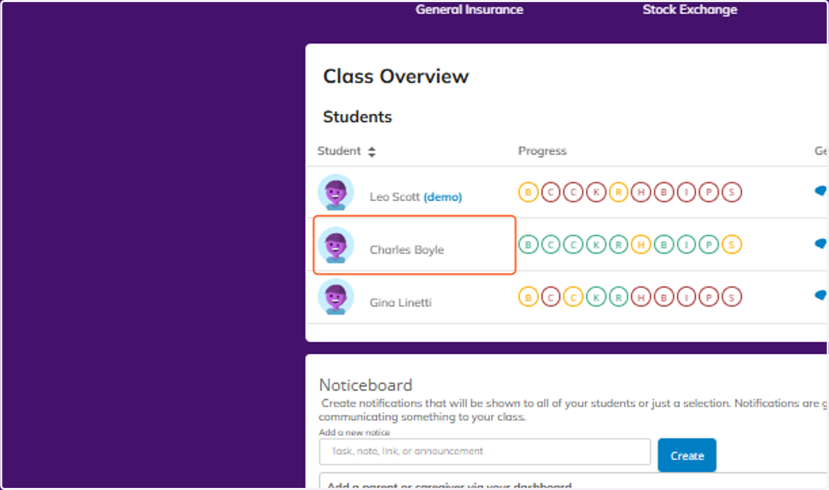 For a more detailed view of any student, click on them from your Class Overview.