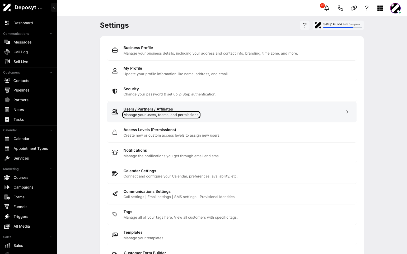Step 3: You will then be navigated to the Settings page. Click on Users / Partners / Affiliates