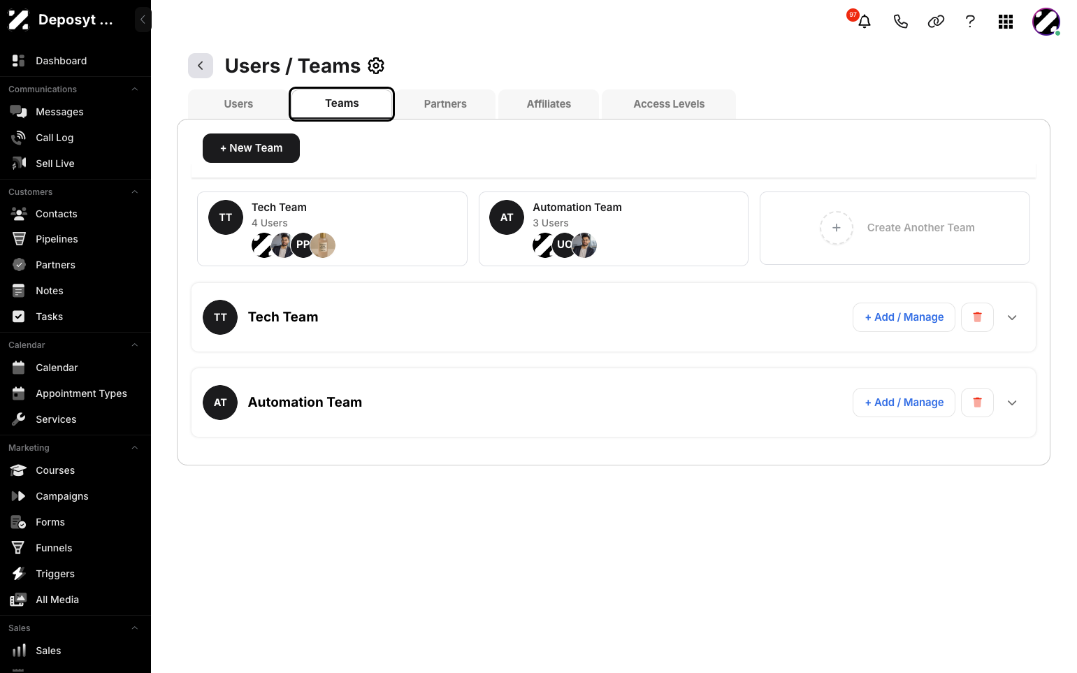 Step 4: You will now be on the Users tab, which opens by default. Click on the Teams tab to access and manage the teams.