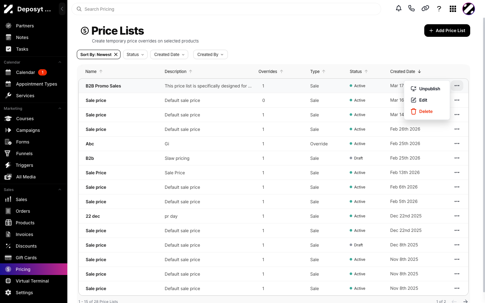 Step 4: Three options will appear: Unpublish the Price List, Edit the Price List, or Delete the Price List.