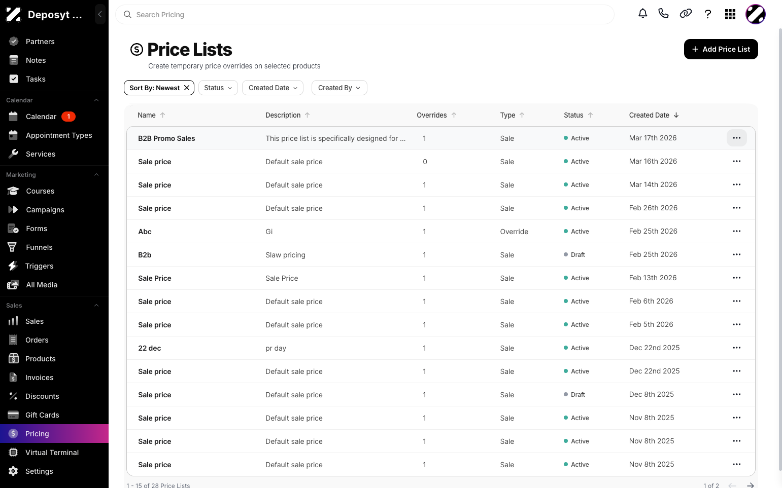 Step 3: Click the three-dot menu on each price list.