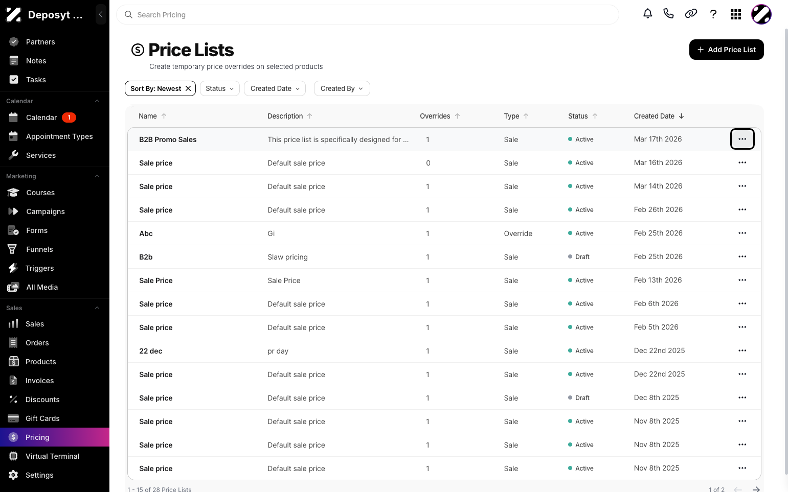 Step 3: Click the three-dot menu on each price list.