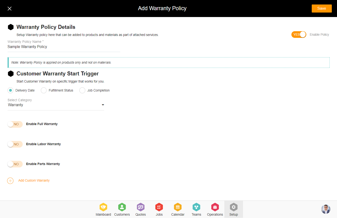 Click on Warranty Policy Name