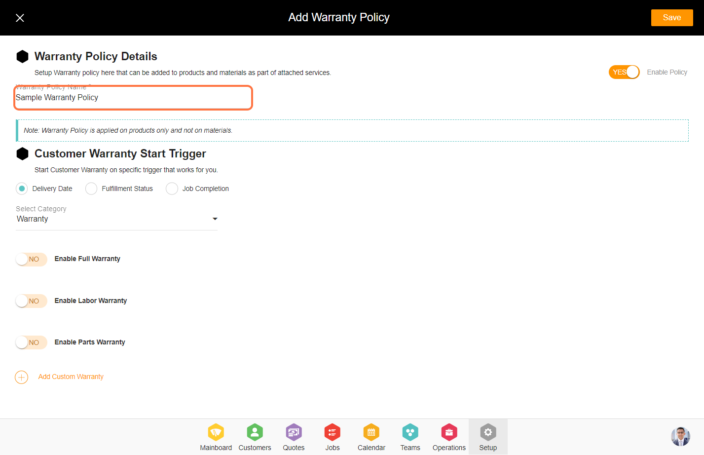 Click on Warranty Policy Name