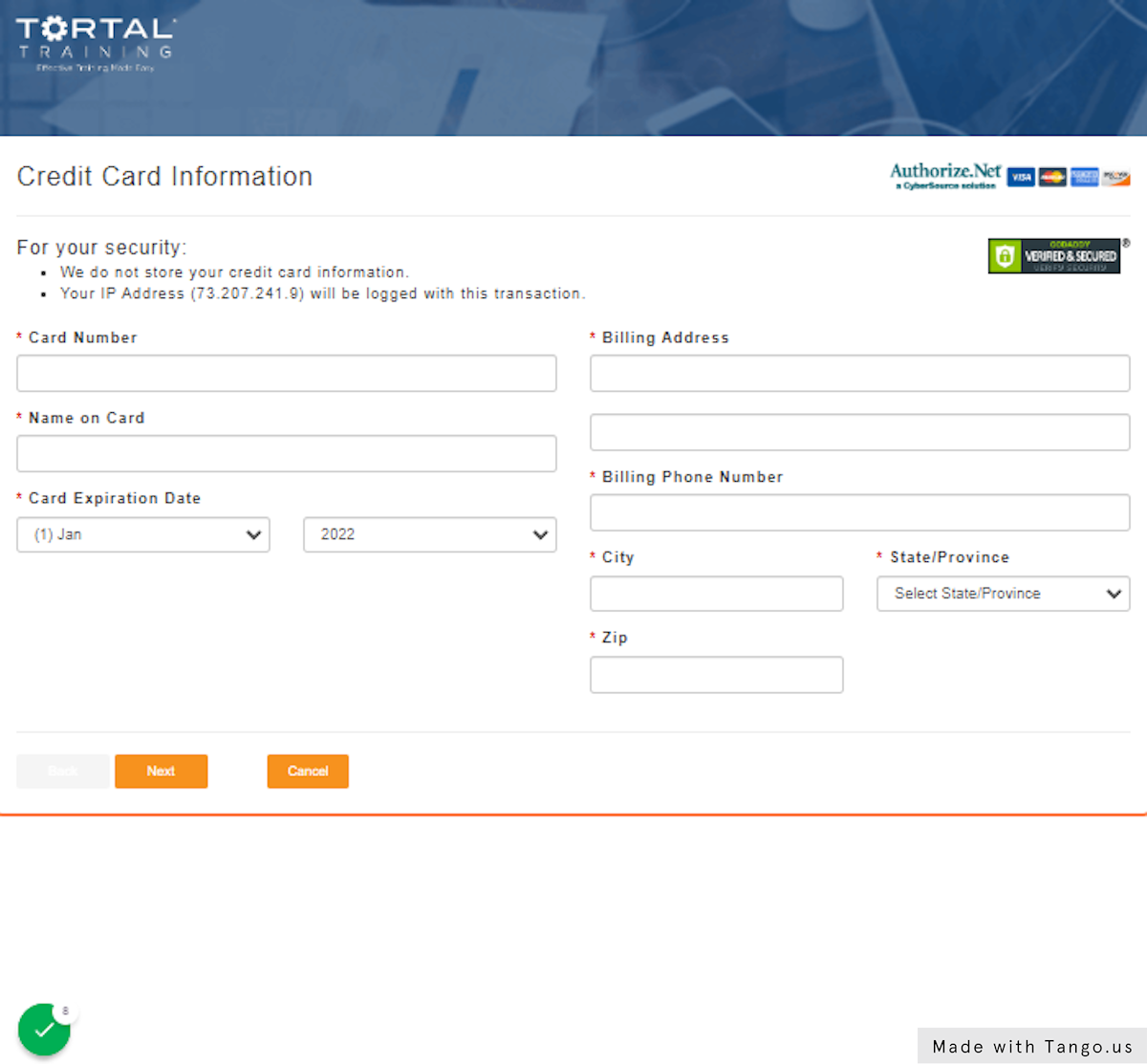 Enter your Payment Information - Click Next when Complete