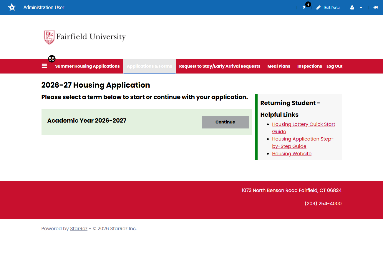 Click on Continue for Academic Year 2026-2027