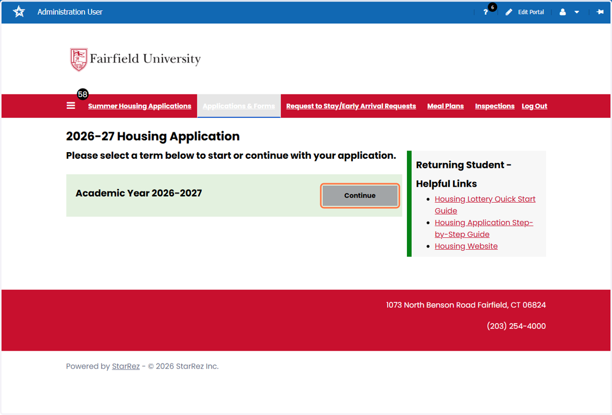 Click on Continue for Academic Year 2026-2027