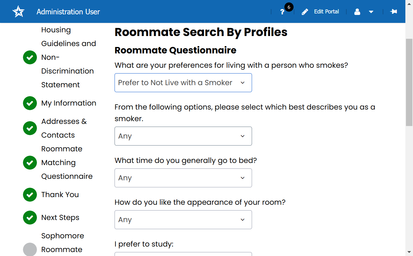 Select the answers to the questions about the living preferences you would prefer or require of your roommate.