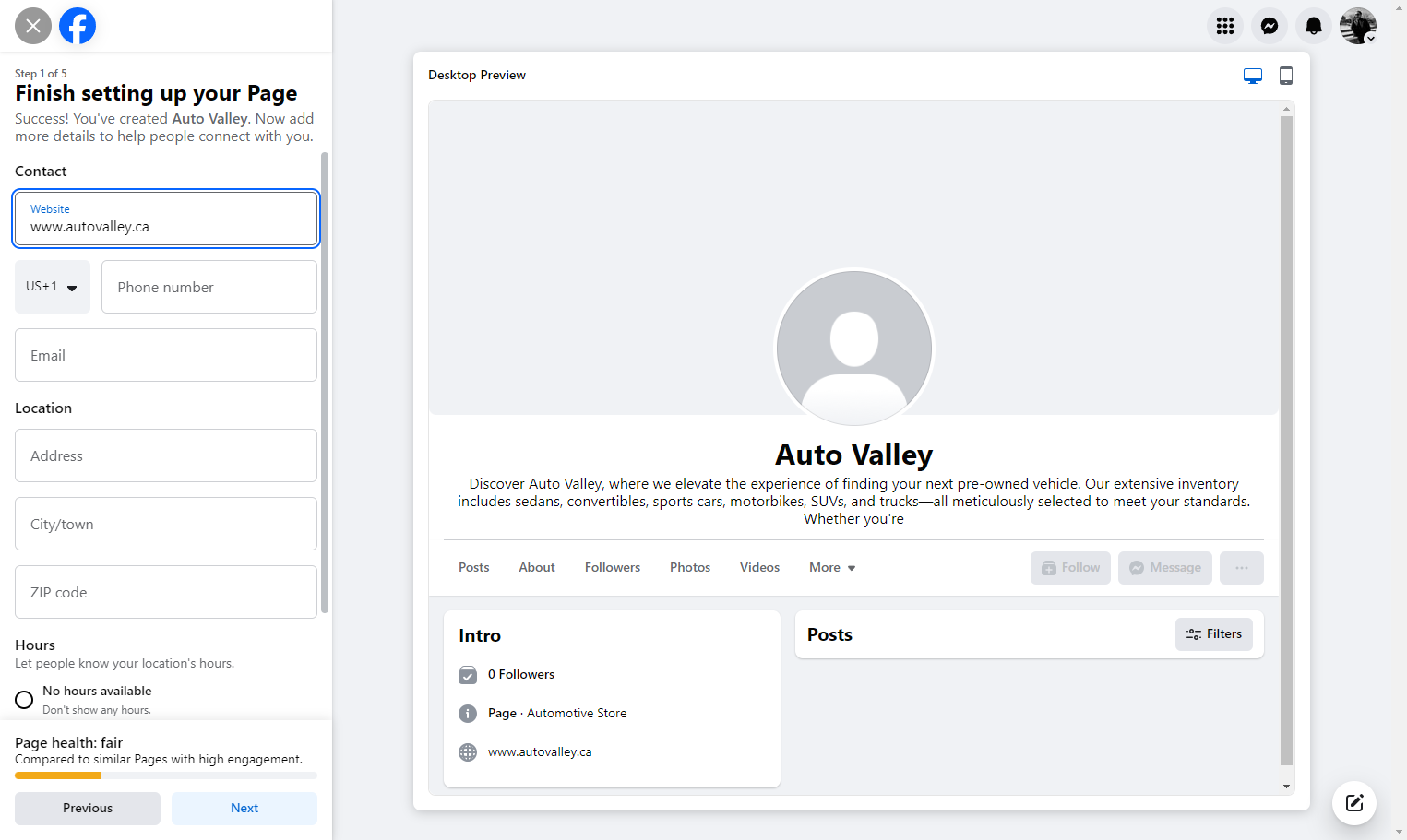 Add the website URL to the corresponding input