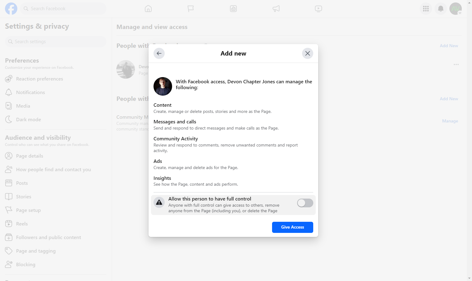 Toggle on the Allow this person to have full control option